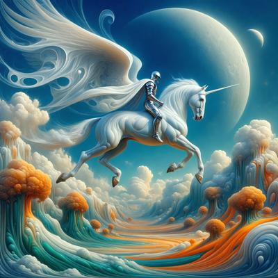 Primary subject: A white unicorn with a knight riding it.

Setting/background: The unicorn and knight are flying through a colorful, swirling sky with clouds and a moon in the background.

Visual style: The image is a digital art or illustration.

Colors and mood: The colors are vibrant and lively, creating a joyful and whimsical atmosphere.